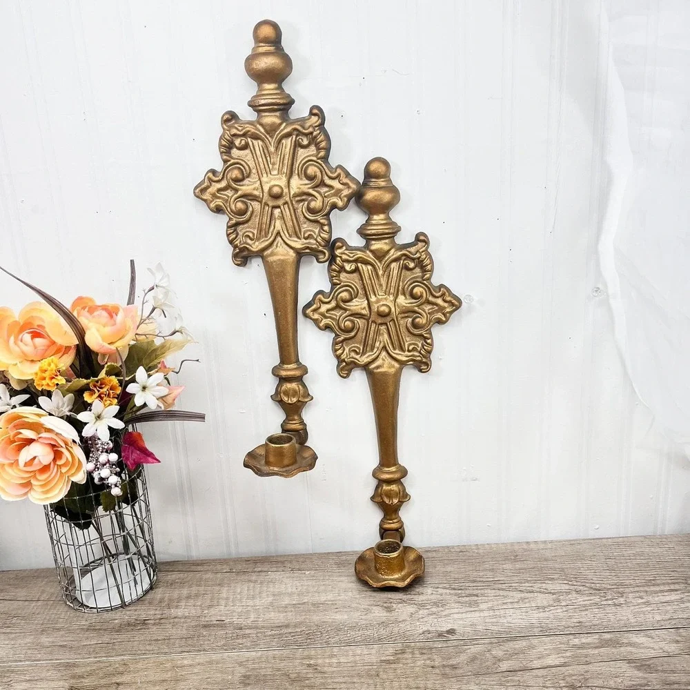 Vintage Hoda Gilt Wall Sconce Pair | 16" Ornate Gold Taper Candle Holders